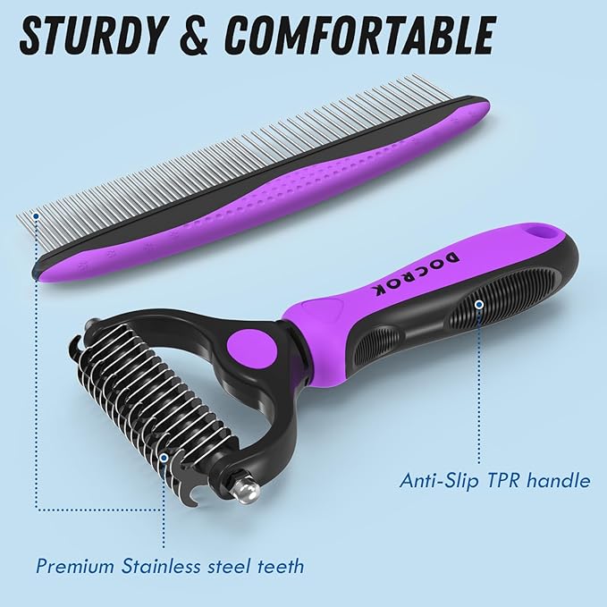 Pet Grooming Brush and Metal Comb Combo - Undercoat Rake for Dematting and Deshedding Long Matted Haired Dogs and Cats, Purple - PAWPICO