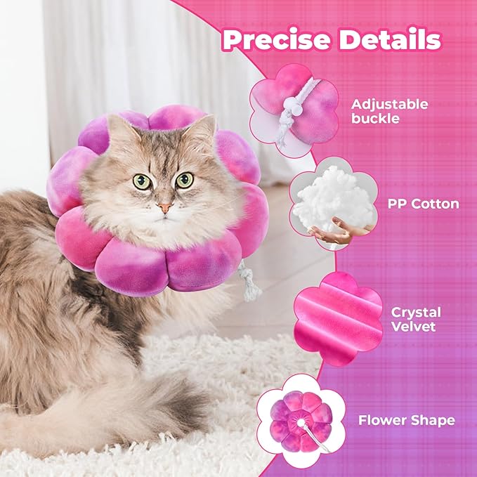 Flower Cat Cone, Uadonile Adjustable Cat Cone Collar, Soft Dog Elizabethan Collar Recovery E Collar After Surgery, Recovery E-Collar for Kittens/Puppies and Cats Recovery(Tie-dye Rose Purple, L) Uadonile
