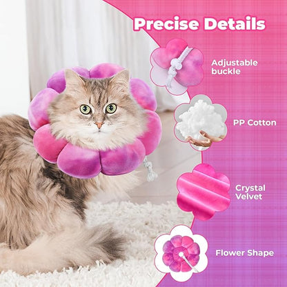 Flower Cat Cone, Uadonile Adjustable Cat Cone Collar, Soft Dog Elizabethan Collar Recovery E Collar After Surgery, Recovery E-Collar for Kittens/Puppies and Cats Recovery(Tie-dye Rose Purple, L) Uadonile