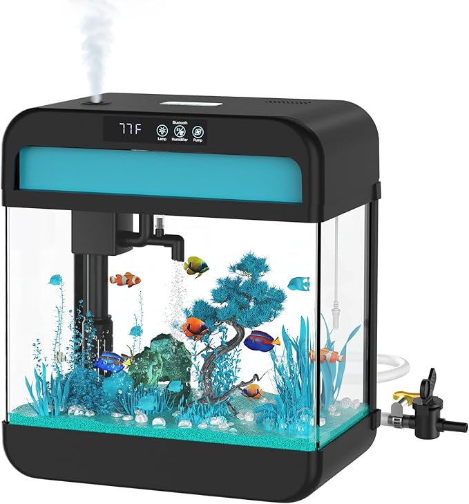 Small Fish Tank Aquarium 2.2 Gallon Glass Fish Tank Starter Kits with Silent Filter Pump, LED Light, humidifier and Betta Fish Tank Wilody