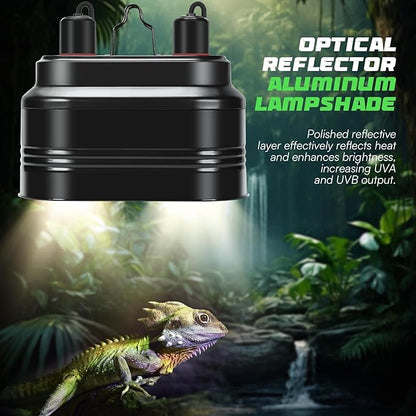 Dual Reptile Light Fixture with Thermostat Switch and Independent Switch, Deep Dome Reptile Heat Lamp Fixture Optical Reflector Lampshade for Bearded Dragon, Amphibians, Tortoise (Max 160W) WelcometoMECESORReptileWorld