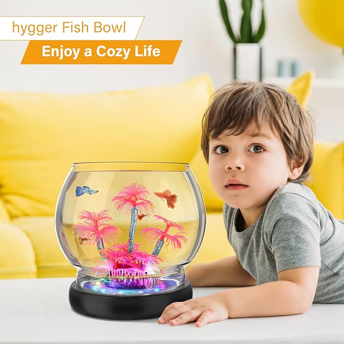 hygger 0.5 Gallon/1 Gallon Glass Fish Bowl with LED Light and Decor, Small Round Betta Fish Tank Goldfish Bowl, Round Clear Unbreakable Aquarium/Vase/Hydroponic Plant Terrarium, Nice Centerpieces hygger
