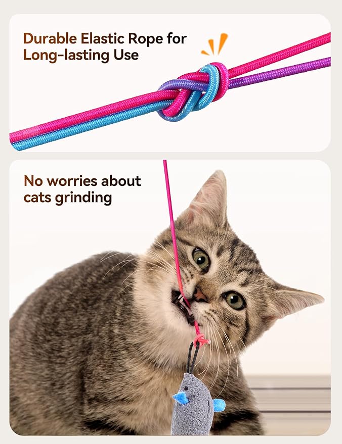 Interactive Cat Toys LED Light Hanging Cat Toys for Indoor Cats, Cat Wand Toy Cat Feather Toy, Feather & Mouse Cat Toys for Bored Adult Cats Kitten Exercise, White - PAWPICO