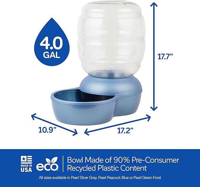 Petmate Replendish Automatic Gravity Waterer for Cats and Dogs, BPA-Free, No Batteries Required, Includes Charcoal Filter, 4 Gallons, Made in USA,Blue - PAWPICO