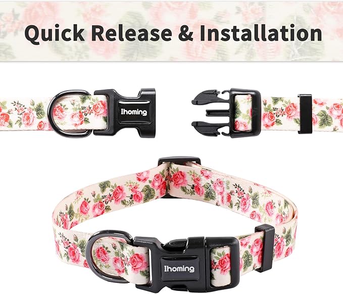 Ihoming Dog Collar and Leash Set for Daily Outdoor Walking Running Training, Pink Flowers Design for Medium Boys Girls Dogs Cats Pets, M-Up to 45LBS Ihoming