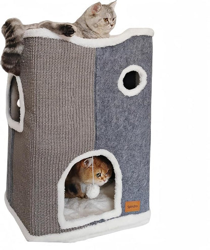 3-Level Cat House for Indoor Cats, Large Adult Cat Cave Bed Cats Cube House with Scratch Pad Cat Towers, Cute Kitten Condo Hideaway Hut with Soft Pillow Mat for Multi Pets Under 50 lbs - PAWPICO