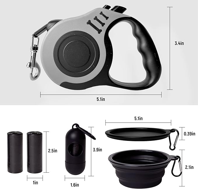 Retractable Dog Leash Automatic Telescopic Tractor Dog Tape, Pet Tape 10/16 FT Durable and Convenient, with Folding Bowl, Dispenser, Rubbish Bags, Suitable for Small and Medium Dogs LIEVUIKEN