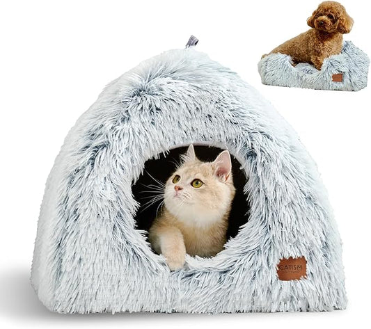 CATISM Cat Bed, Cat Cave for Indoor Cats, Soft Cat Dome, Self-Warming 2 in 1 Foldable Pet Cat House with Washable Cushioned Pillow Calming Fluffy Dog Beds for Small Dogs with Anti-Slip Bottom Gray - PAWPICO
