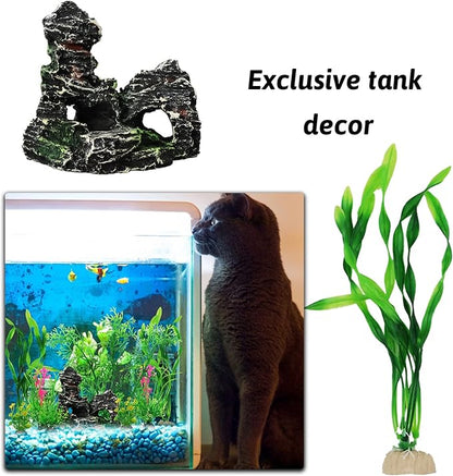 Fish Tank Accessories Aquarium Decorations Plants, 9pcs Green Fish Tank Decorations Plants and Cave Rock Decoration Decor Set, Aquarium Decor Plastic Plants PAWPICO