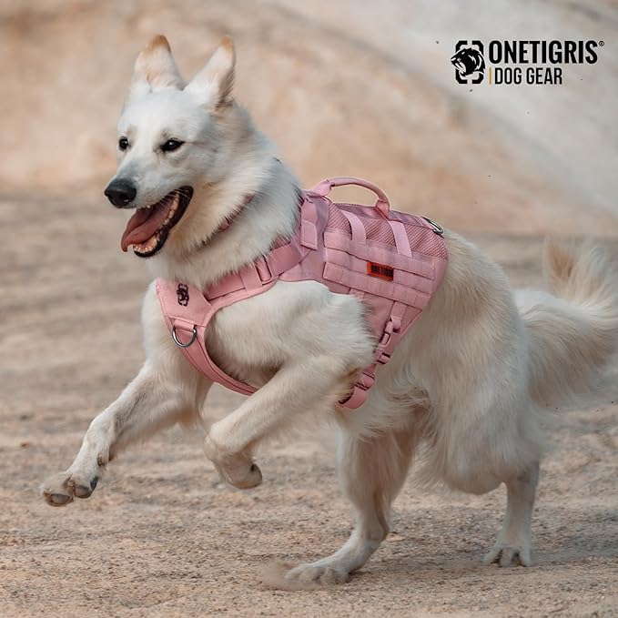 OneTigris Tactical Dog Harness for Small Dog, No Pull Small Dog Vest Harness with Handles Breathable Military Dog Molle Vests, Harness for Walking Hiking Training (Pink, Medium) OneTigris