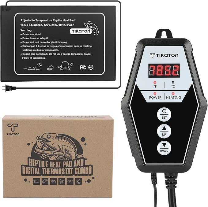 Tikaton Reptile Heating Pad and Digital Thermostat Combo Set, Under Tank Heater for 10-20gal/30-40gal Tank, Terrarium Heat Mat for Turtle/Snake/Lizard/Frog/Spider/Plant Box Tikaton
