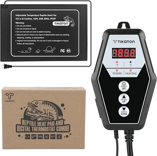 Tikaton Reptile Heating Pad and Digital Thermostat Combo Set, Under Tank Heater for 10-20gal/30-40gal Tank, Terrarium Heat Mat for Turtle/Snake/Lizard/Frog/Spider/Plant Box Tikaton