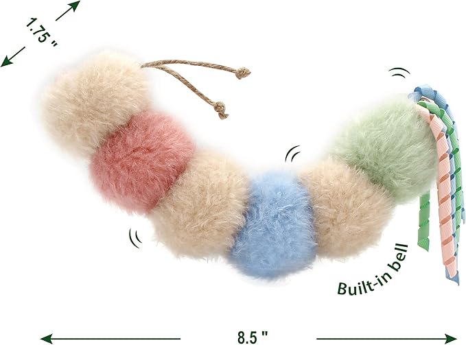 Interactive Natural Catnip Kicker, with Rattle and Ribbon, Bite Resistant, for All Ages Indoor Cat, Soft Caterpillar Kicker, Fluffy Kitten Toy - PAWPICO