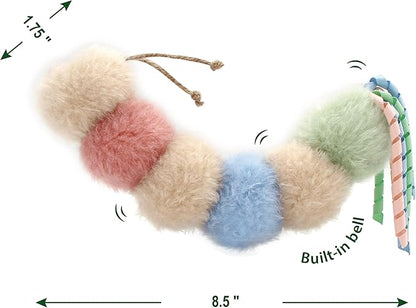 Interactive Natural Catnip Kicker, with Rattle and Ribbon, Bite Resistant, for All Ages Indoor Cat, Soft Caterpillar Kicker, Fluffy Kitten Toy - PAWPICO