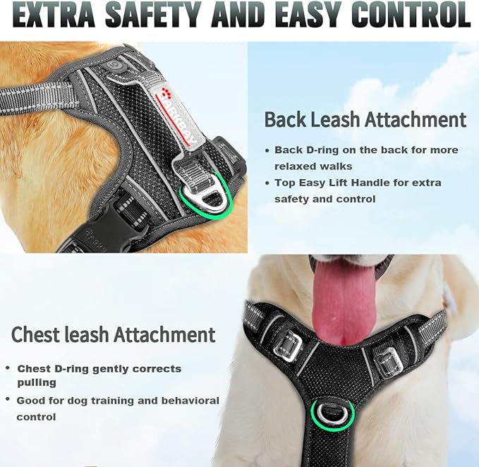 BARKBAY No Pull Dog Harness Large Reflective Dog Harness with Front Clip and Easy Control Handle for Walking Training Running with ID tag Pocket(Black,L) BARKBAY