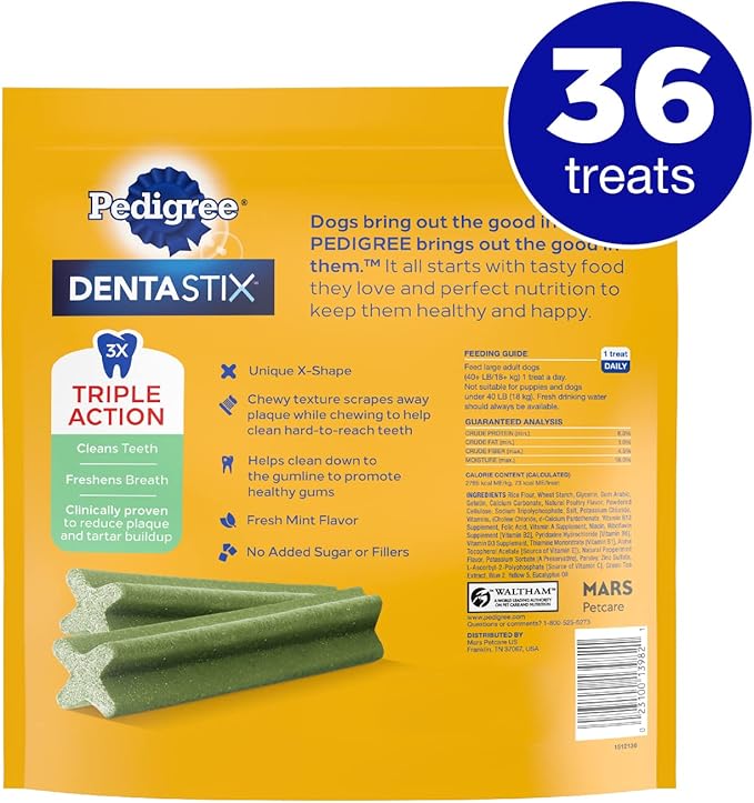 PEDIGREE DENTASTIX Dental Dog Treats for Large Dogs Fresh Flavor Dental Bones, 1.87 lb. Value Pack (36 Treats) - PAWPICO
