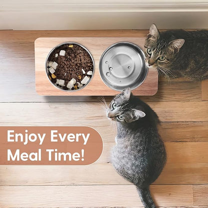 Elevated Cat Bowls, 15° Tilted Raised Cat Food Bowls Wood Pet Bowls with Stand Anti Vomiting 2 Stainless Steel Bowls for Cats and Puppy - PAWPICO