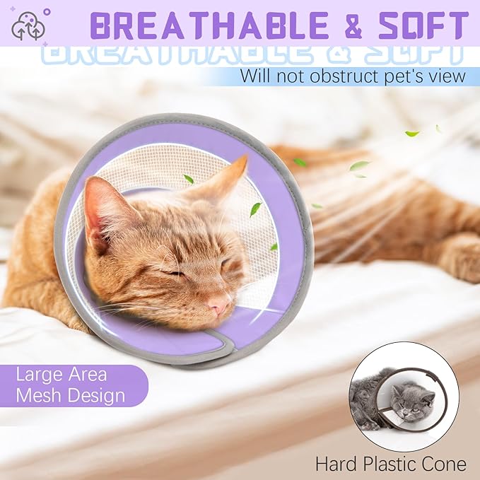 Cat Cone, Breathable Cat Cone Collar Soft, Adjustable Cat Cone to Stop Licking, Water Resistant Neck Cone for Cats with Air Mesh, Protective Cat Recovery E Collar for Cat Kitten（Purple,S-2 GoGoPaw