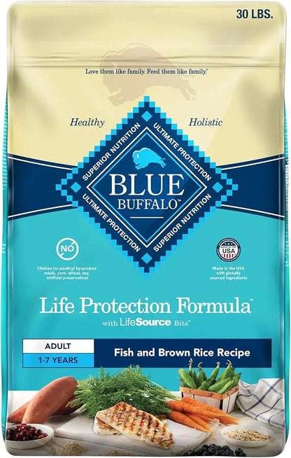 Blue Buffalo Life Protection Formula Adult Dry Dog Food, Helps Build and Maintain Strong Muscles, Made with Natural Ingredients, Fish & Brown Rice Recipe, 30-lb. Bag - PAWPICO