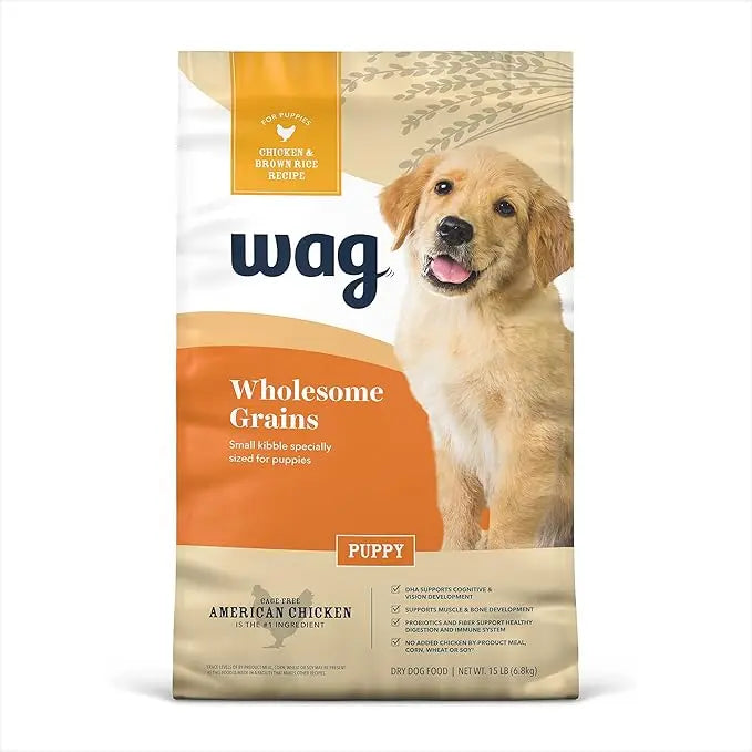 Amazon Brand - Wag Dog Dry Puppy Food, Chicken and Brown Rice, 15 Pound (Pack of 1) - PAWPICO