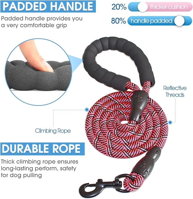 BAAPET 2/4/5/6 FT Dog Leash with Comfortable Padded Handle and Highly Reflective Threads for Small Medium and Large Dogs (5FT-1/2'', Black Pink) BAAPET