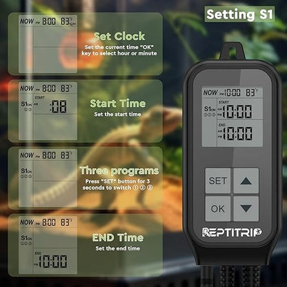 Reptile Thermostat, Reptile Light Timer for Temperature and Lighting Control, Day-Night Timer Thermostat with Reptile Thermometer for UVB Light, Heat Lamp, Heating Pad, 10A 1250w REPTITRIP