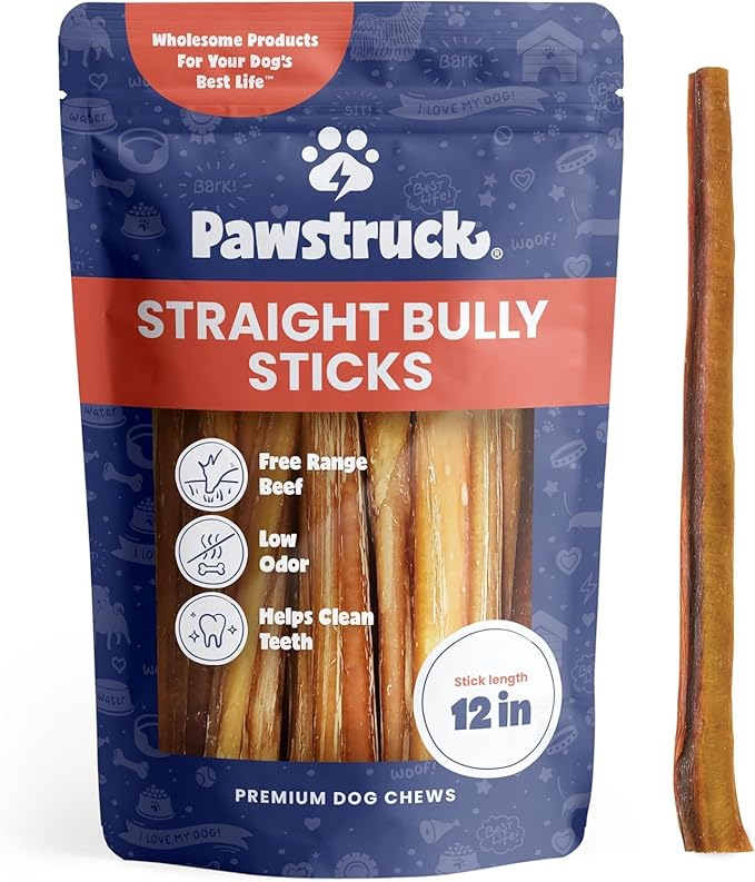 Pawstruck All-Natural 12" Bully Sticks for Dogs - Best Long Lasting, Rawhide Free, Low Odor & Grain Free Dental Chew Treat - Healthy Single Ingredient 100% Real Beef - 1 lb. Bag - PAWPICO