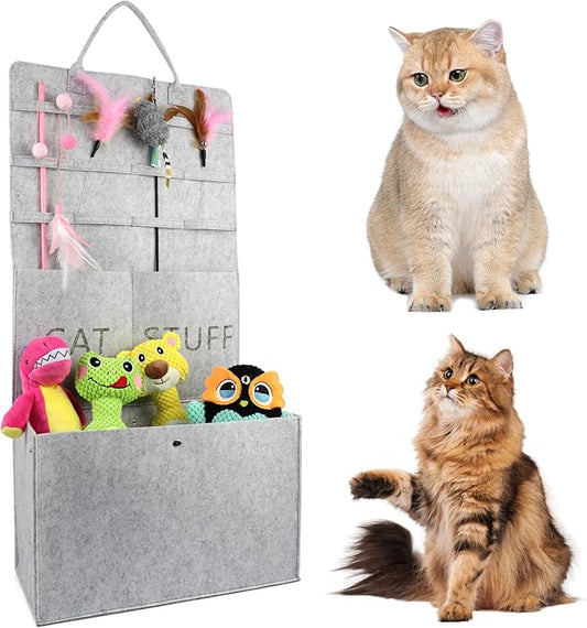 Cat Toy Storage Box for Wand Toys, Durable Pet Storage Organizer with Handle for Cat Feather Toy Foldable Storage Hanging Bag for Keeping Teaser Wand Toys, Grey - PAWPICO