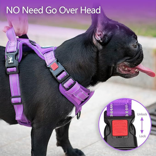 PoyPet No Pull Dog Harness, No Choke Reflective Dog Vest, Adjustable Pet Harnesses with Easy Control Padded Handle for Small Medium Large Dogs(Purple Matching Trim,M) PoyPet