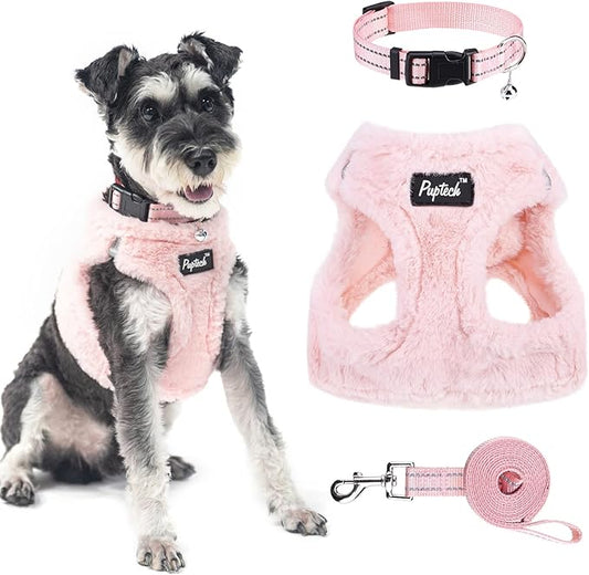 PUPTECK Adjustable Dog Harness Collar and Leash Set Step in No Pull Pet Harness for Small Medium Dogs Puppy and Cats Outdoor Walking Running, Soft Mesh Padded Reflective Vest Harnesses, Plush Pink S PUPTECK