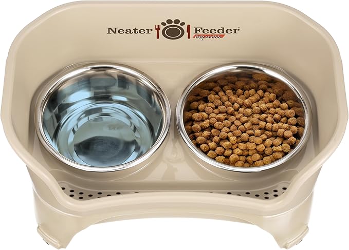 Neater Feeder - Express Model - Mess-Proof Dog Bowls (Medium/Large, Almond) – Made in USA – Elevated, No Spill, Non-Tip, Non-Slip, Raised Stainless Steel Food & Water Pet Bowls - PAWPICO