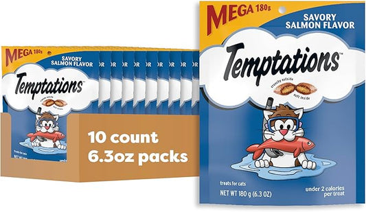 TEMPTATIONS Classic Crunchy and Soft Cat Treats Savory Salmon Flavor, 6.3 oz. Pouch (Pack of 10) Temptations