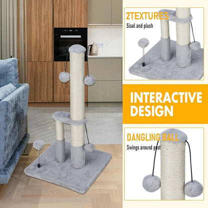 Dimaka Tall Cat Scratching Post, Double Lower Posts Extra Stable Cat Post Tree Scratcher with Sisal Rope and Teasing Balls, 4 Balls Total Large Base (Grey 26" - PAWPICO