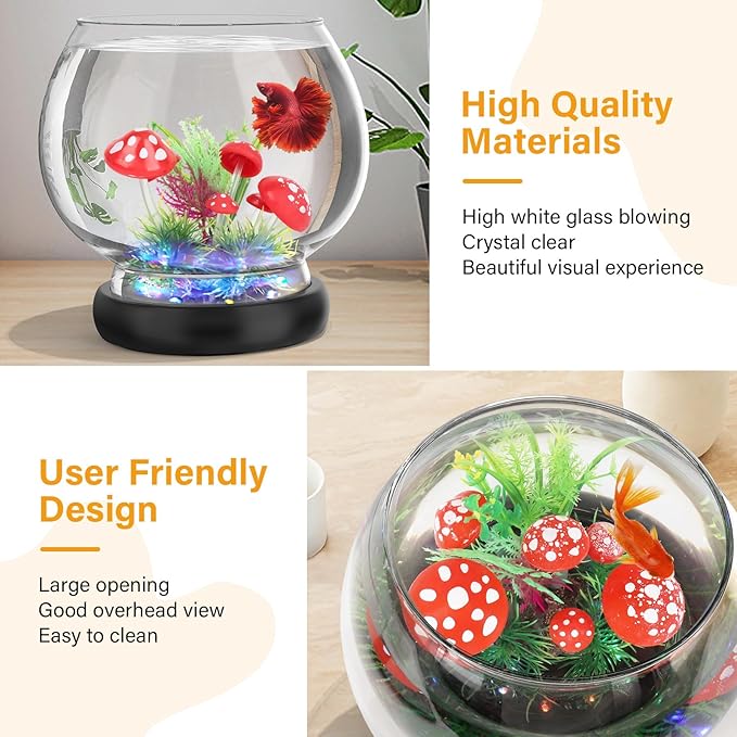 hygger 0.5 Gallon/1 Gallon Glass Fish Bowl with LED Light and Decor, Small Round Betta Fish Tank Goldfish Bowl, Round Clear Unbreakable Aquarium/Vase/Hydroponic Plant Terrarium, Nice Centerpieces hygger