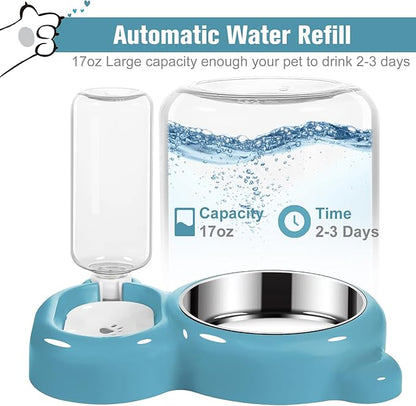 Dog Bowls, Cat Food and Water Bowl Set with Water Dispenser and Stainless Steel Bowl for Cats and Small Dogs - Blue - PAWPICO