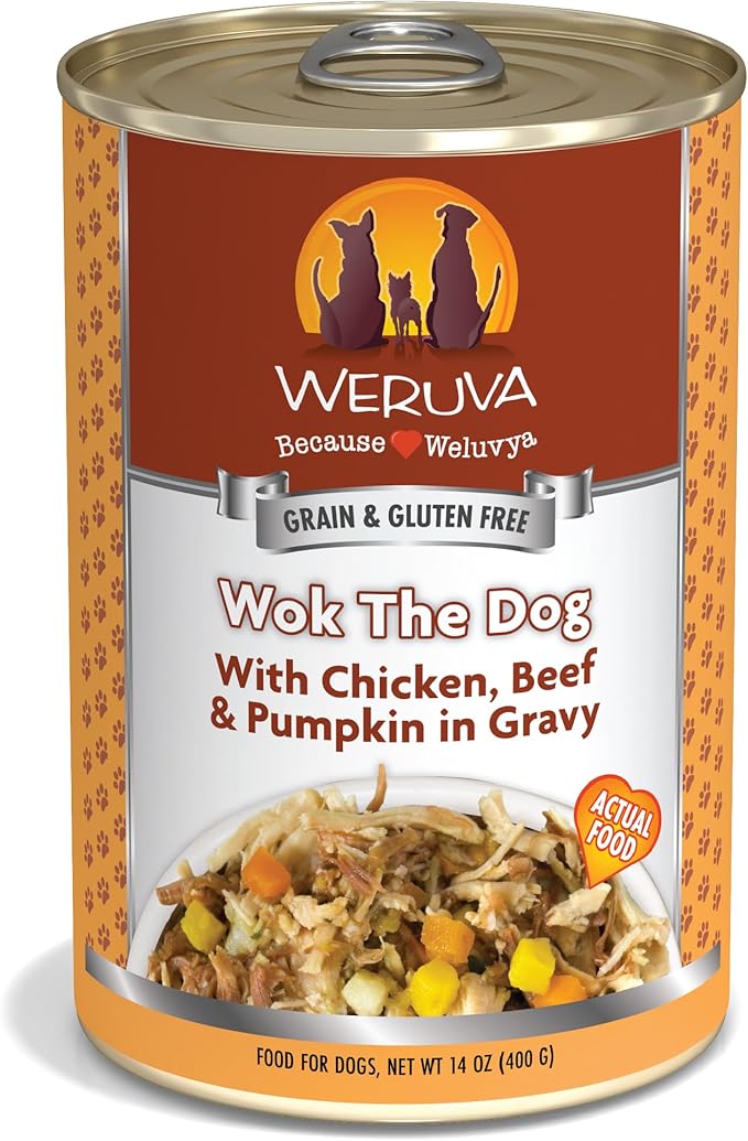 Weruva Classic Dog Food, Wok The Dog with Chicken Breast, Beef & Pumpkin in Gravy, 14oz Can (Pack of 12), Brown - PAWPICO