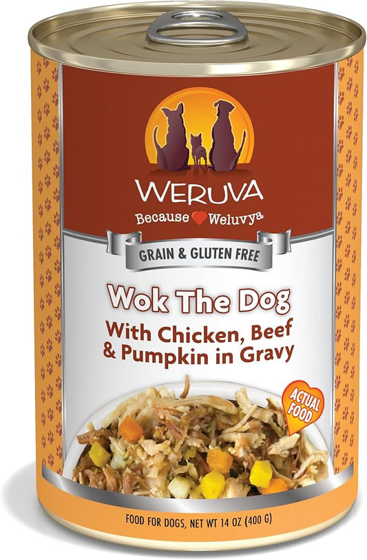 Weruva Classic Dog Food, Wok The Dog with Chicken Breast, Beef & Pumpkin in Gravy, 14oz Can (Pack of 12), Brown - PAWPICO