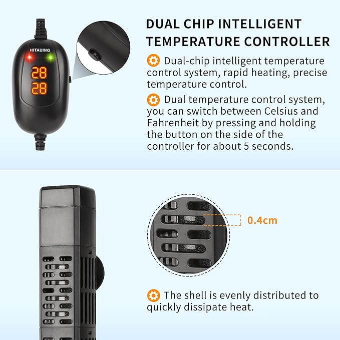 HiTauing Aquarium Heater, 50W/100W/200W/300W/500W Submersible Fish Tank Heater with Over-Temperature Protection and Automatic Power-Off When Leaving Water for Saltwater and Freshwater HiTauing