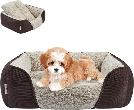 Miguel Washable Dog Bed with Removable Cushion for Small Dogs, Easy to Wash Pet Sofa Bed with Side, Rectangle Bolster Cat Bed Calming Cuddle Puppy Bed with Anti-Slip Bottom, Dark Brown 18 Inch - PAWPICO
