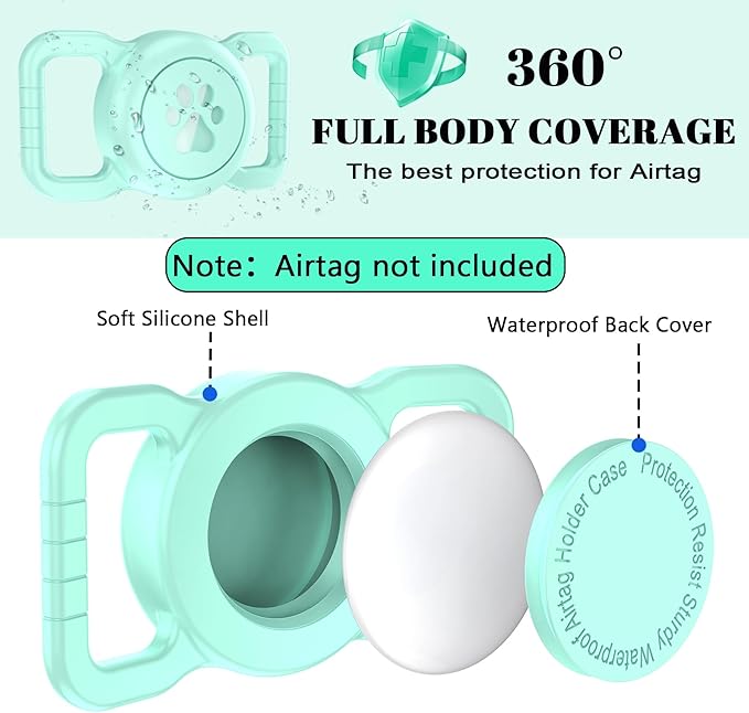 SANKALA Airtag Dog Collar Holder, [1 Pack] Waterproof Dog Airtag Holder, Silicone Full Body Covered Anti-Lost Protective Apple Air Tag Holder for Pet Collar - Fits All Width Collars, Mint Green SANKALA