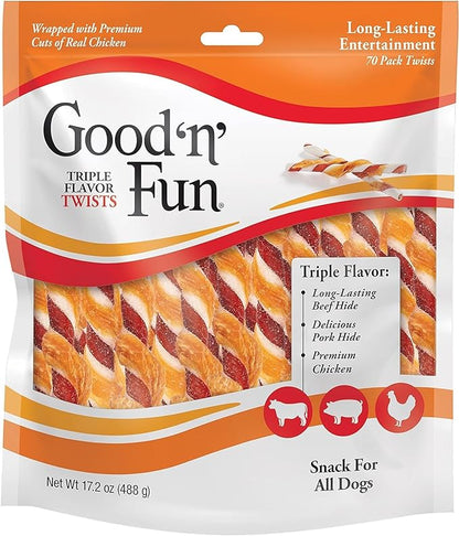 Good'n'Fun Triple Flavor Twists, Dog Chew Sticks, Premium Chicken and Beef Hide Treats for Dogs, 70 Count - PAWPICO