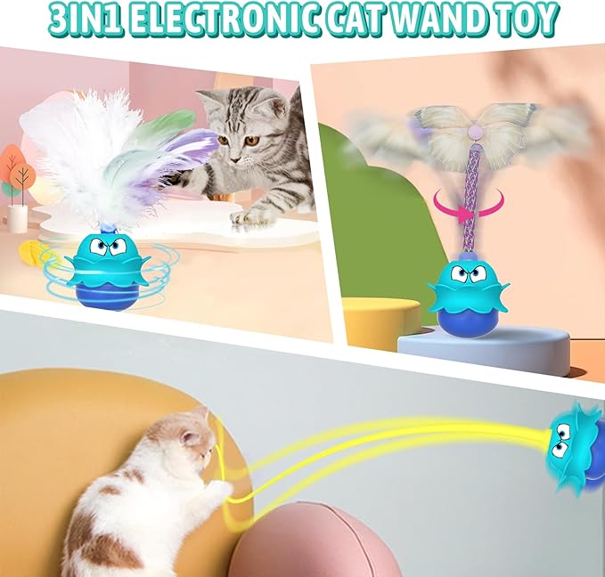 LEWISER Cat Toys Monster, 3in1 Rechargeable Automatic Interactive Cat Toy for Indoor Cats Exercise, Real Feathers, Silicone and Butterfly Tail, LED Lighting, Mice Squeak Chirping, Blue - PAWPICO