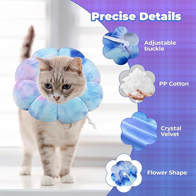 Flower Cat Cone, Uadonile Adjustable Cat Cone Collar, Soft Dog Elizabethan Collar Recovery E Collar After Surgery, Recovery E-Collar for Kittens/Puppies and Cats Recovery(Tie-dye Purple Blue, M) Uadonile