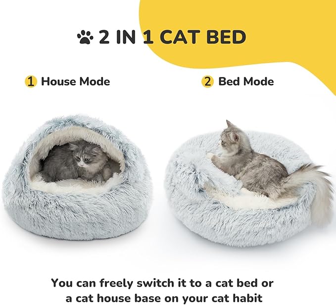 CATISM Cat Bed, Plush Hooded Cat Beds for Indoor Cats, Calming Cat Nest, Self Warming Cat Bed Cave, Cozy Cat Pod for Indoor Cat or Small Dog, Removable Washable Cat Cove with Non-Slip Bottom - PAWPICO