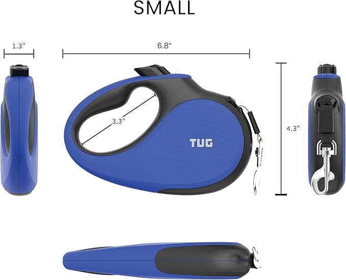TUG 360° Tangle-Free Retractable Dog Leash with Anti-Slip Handle | 16 ft Strong Nylon Tape | One-Handed Brake, Pause, Lock (Small, Blue) TUG