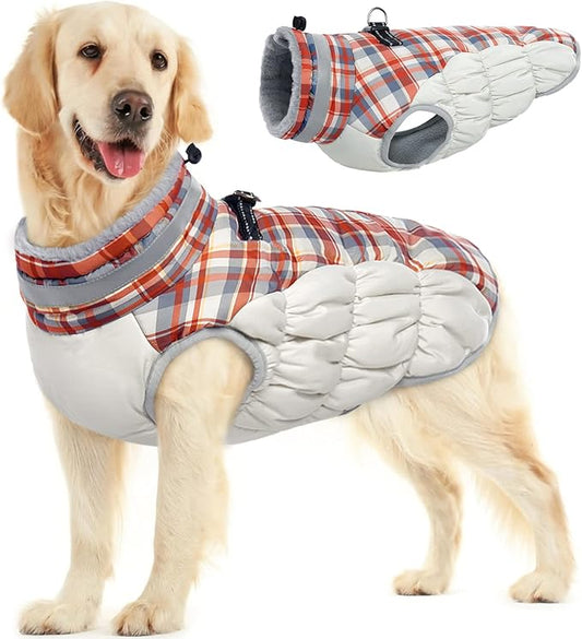 FUAMEY Dog Winter Coat,Dog Jackets with Harness Built in Dog Cold Weather Coats Dog Paded Vest Dog Apparel with Zipper on Back Pet Reflective Clothes for Small Medium Large Dogs Red Plaid M - PAWPICO