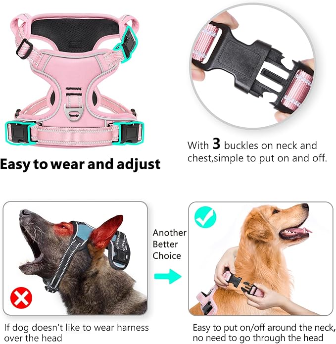 Timos Dog Harness, 3 Snap Buckles No-Pull Soft Padded Dog Vest with 2 Metal Leash Clips, Adjustable Reflective No Choke Pet Harness with Easy Control Handle for Small Dogs,Pale Pink,S Timos