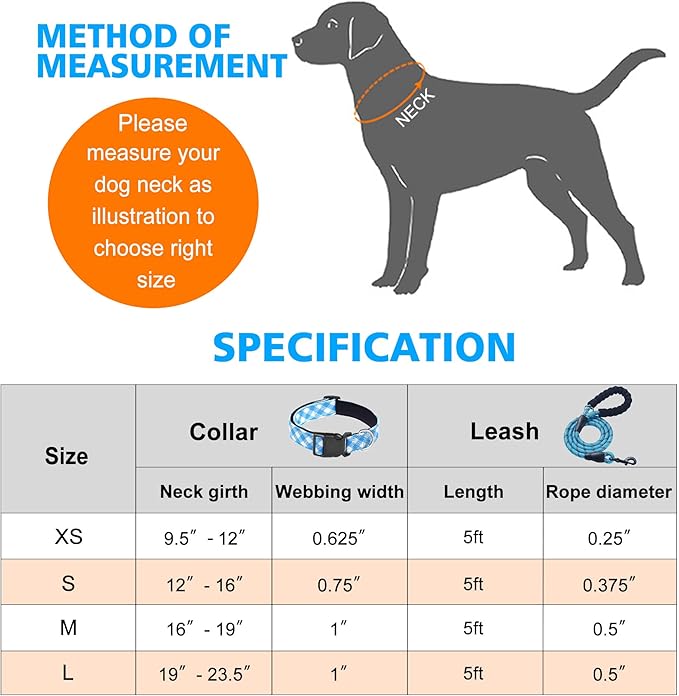 Reflective Dog Collar Padded with Soft Neoprene Breathable Adjustable Nylon Dog Collars for Small Medium Large Dogs (Large (Pack of 1), Vivid Blue Plaid Collar+Leash) ladoogo