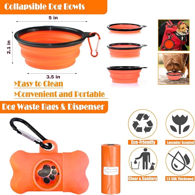 No Pull Dog Harness, Collar & Leash Set | Includes Dog Seat Belt, Collapsible Bowls & Poop Bag Dispenser. Ideal for Training, Walking, Hiking. Fits Small to Large Dogs(Orange-L) Lovebegetslove