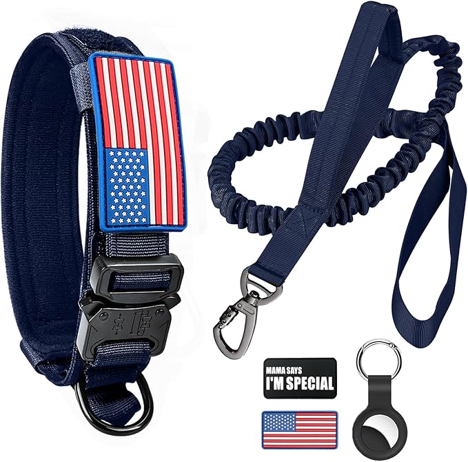 Tactical Dog Collar and Bungee Leash,Military Dog Collar & Leash Set with USA American Flag Adjustable K9 Collar with Heavy Duty Metal Buckle & Handle,with Patches and Airtags Case (Blue, L) Celifelight